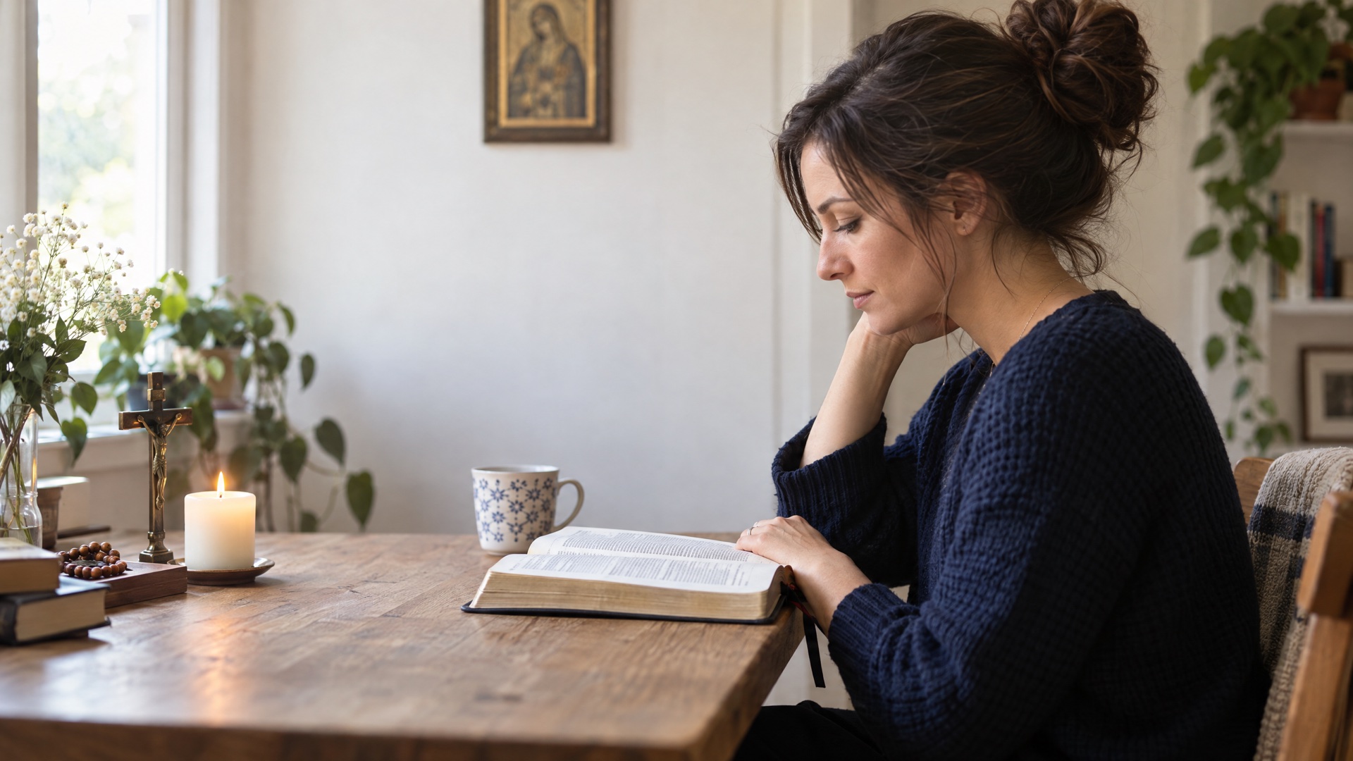 An adult reading Scripture during quiet prayer at home