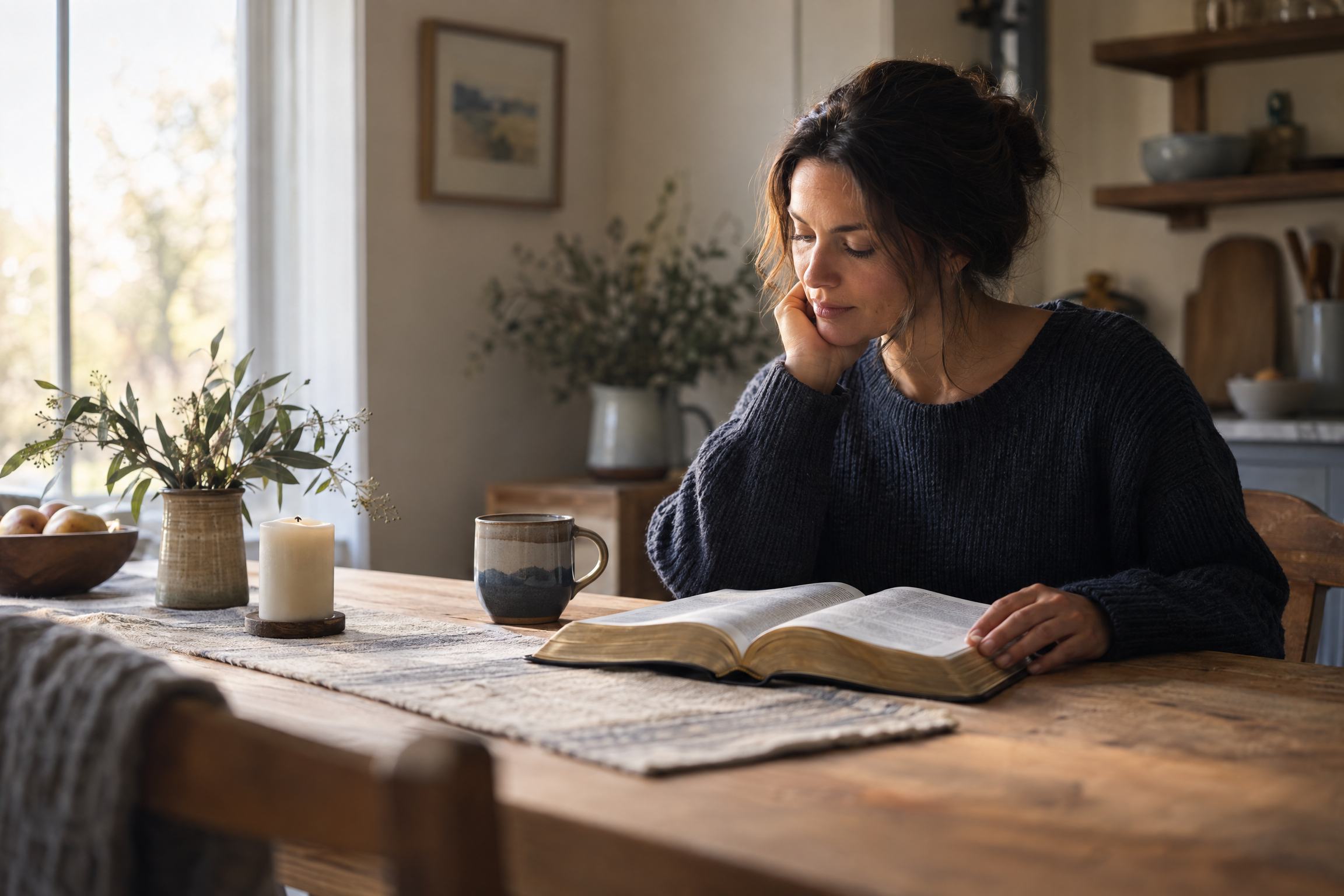 An adult reading Scripture at home